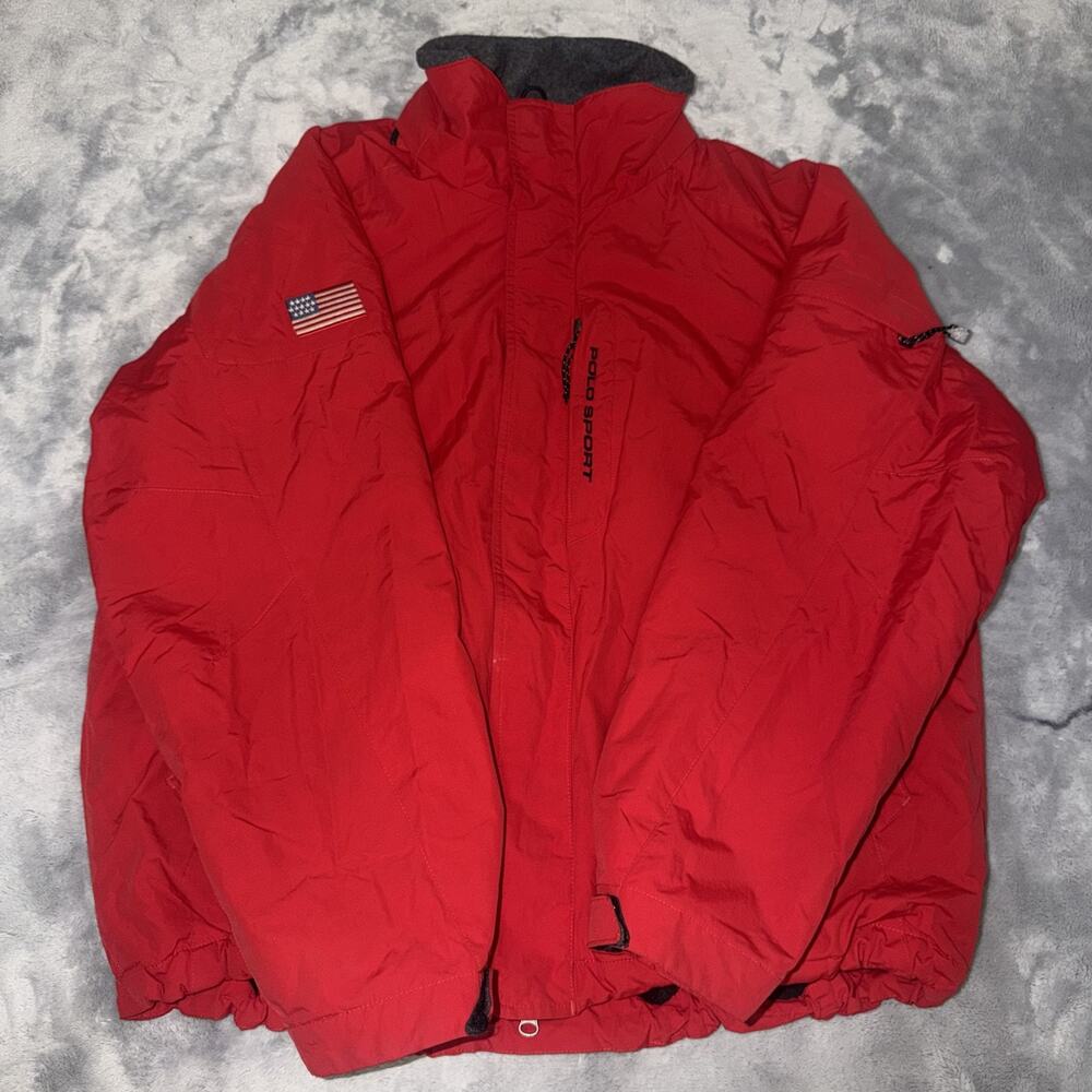Vintage Polo Sport Ralph Lauren Red Insulated Jacket Mens L Flag Fleece Collar